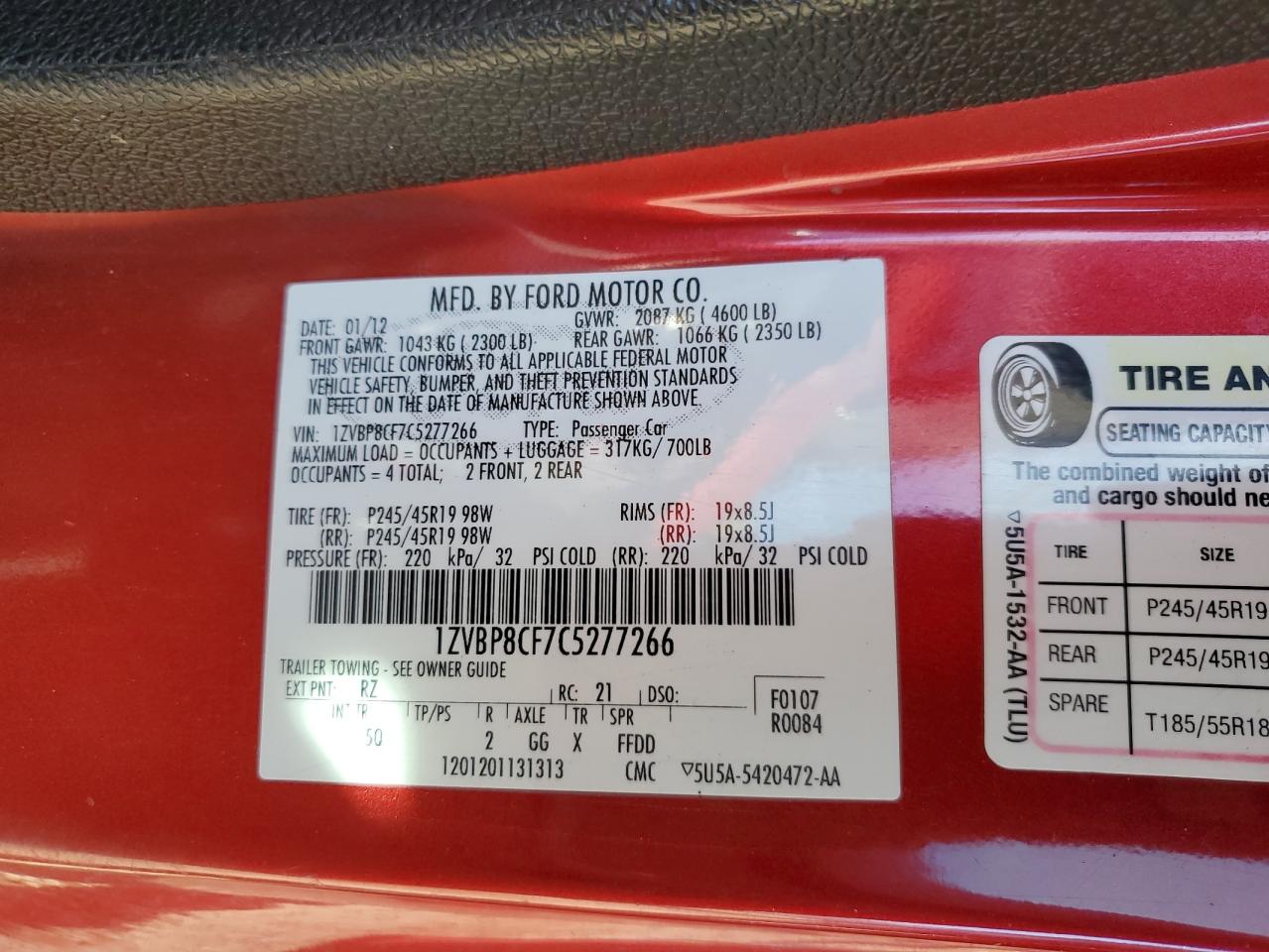 2012 Ford Mustang VIN 1ZVBP8CF7C5277266 Copart auction photo, front end / undercarriage damage thumbnail 13