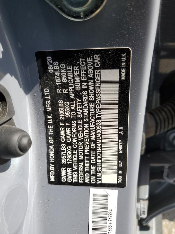 2021 Honda Civic VIN SHHFK7H44MU400928 Copart auction photo, side damage thumbnail 14