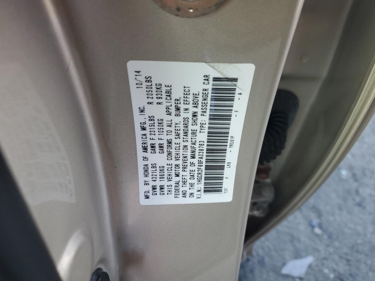 2015 Honda Accord VIN 1HGCR2F89FA038763 Copart auction photo, all over / mechanical damage thumbnail 12