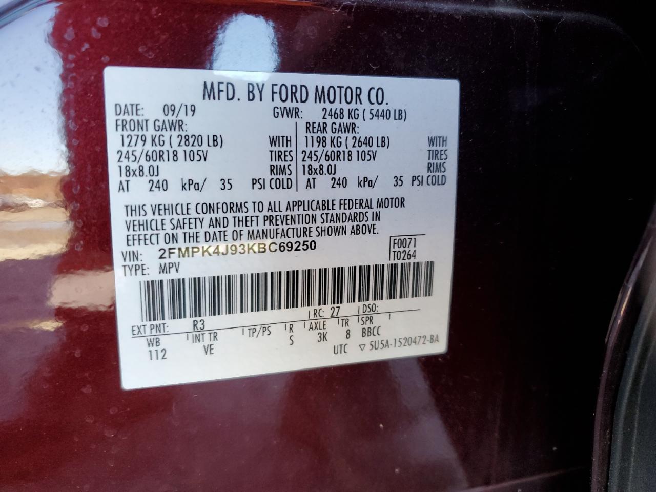 2019 Ford Edge VIN 2FMPK4J93KBC69250 Copart auction photo, all over damage thumbnail 13