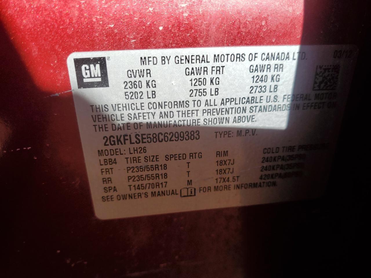 2012 GMC Terrain VIN 2GKFLSE58C6299383 Copart auction photo, side / rear end damage thumbnail 13