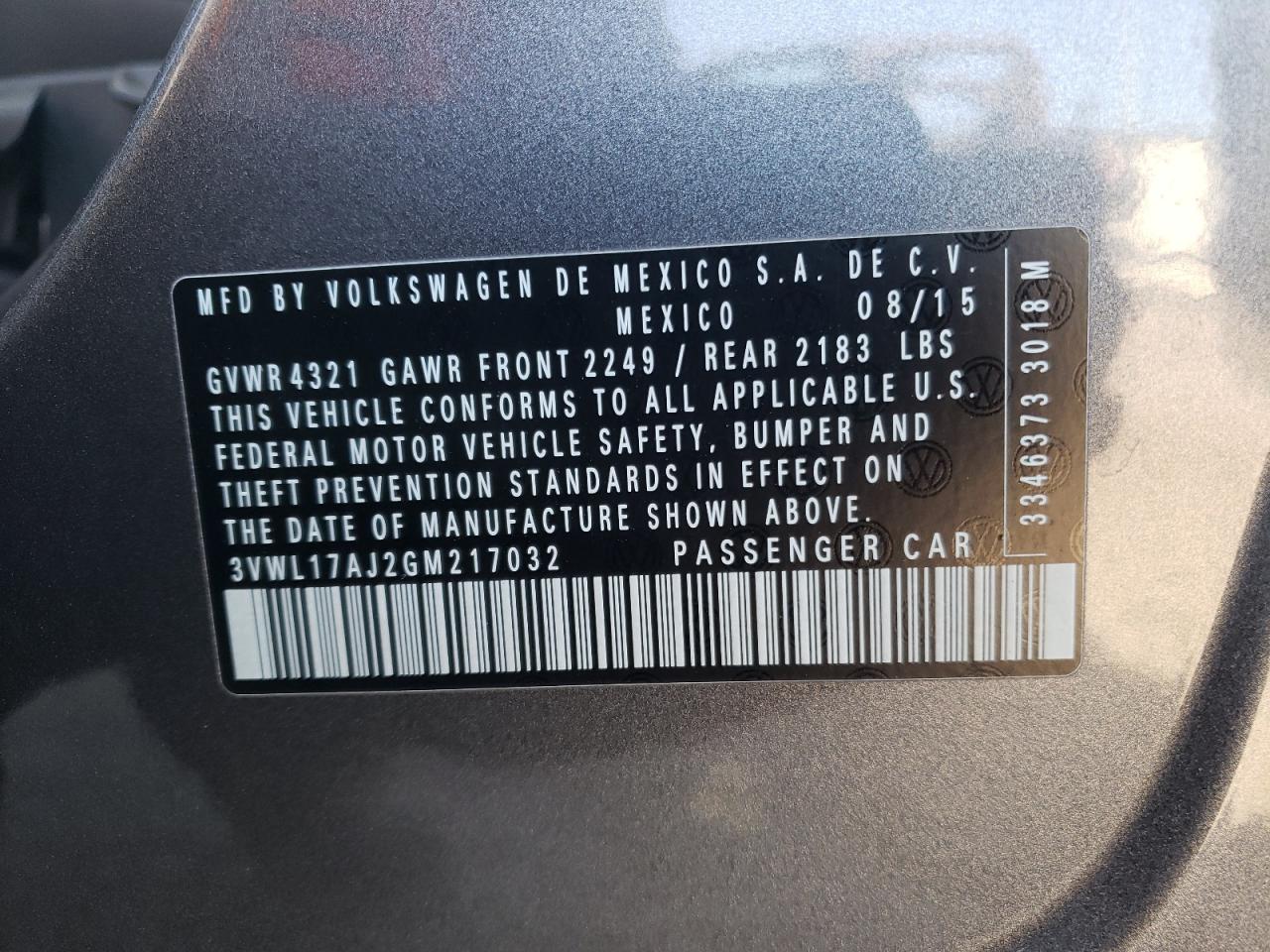 2016 Volkswagen Jetta VIN 3VWL17AJ2GM217032 Copart auction photo, front end damage thumbnail 15