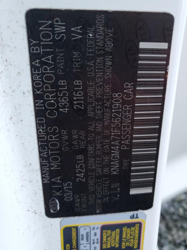 2015 KIA Optima VIN KNAGM4A71F5621908 Copart auction photo, front end damage thumbnail 12