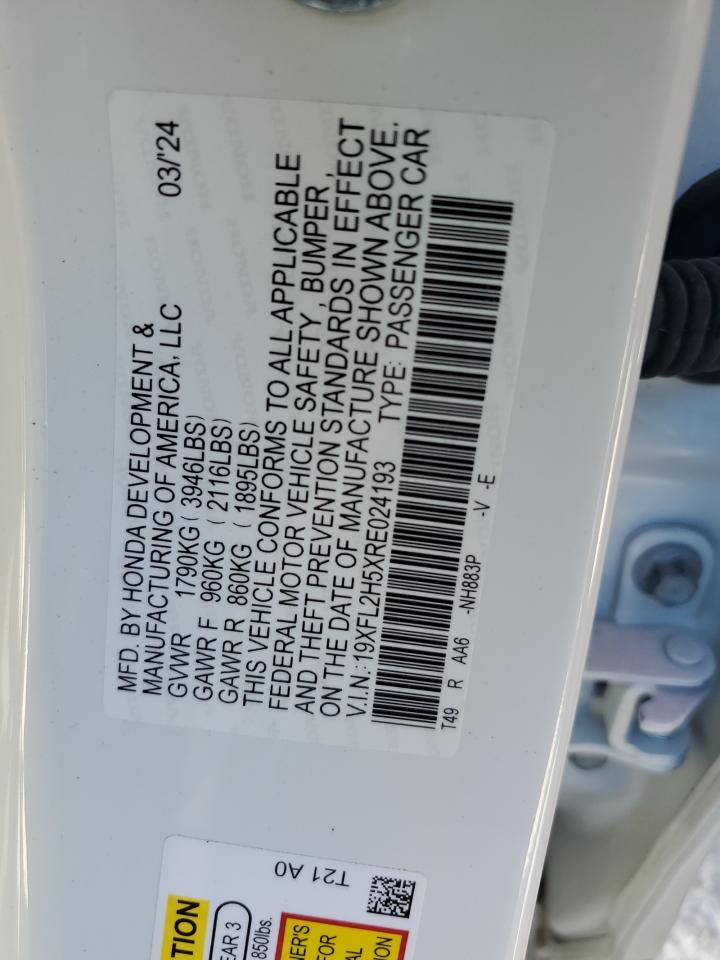 2024 Honda Civic VIN 19XFL2H5XRE024193 Copart auction photo, side damage thumbnail 12