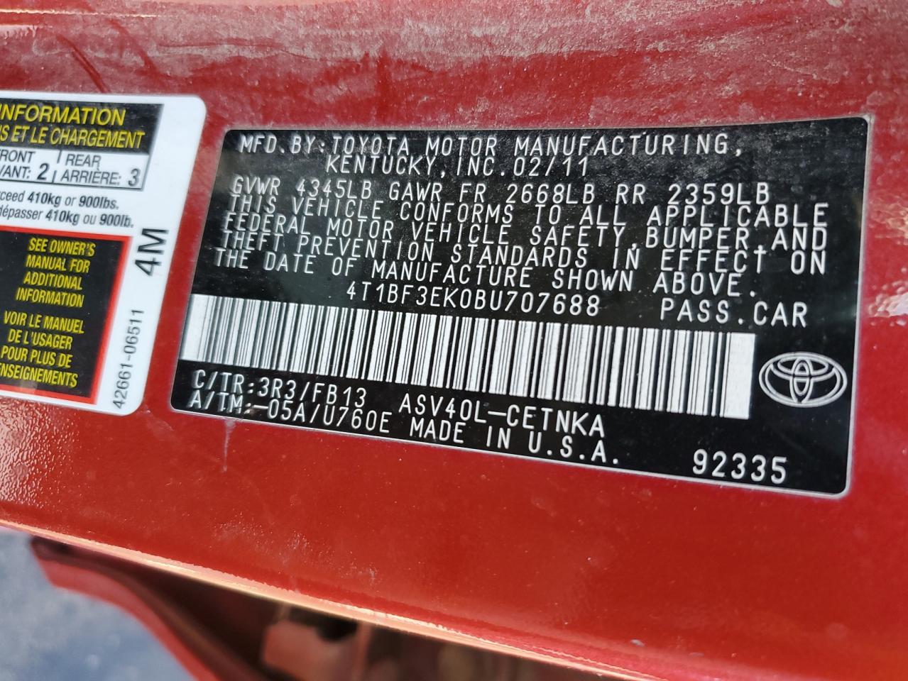 2011 Toyota Camry VIN 4T1BF3EK0BU707688 Copart auction photo, front end damage thumbnail 12