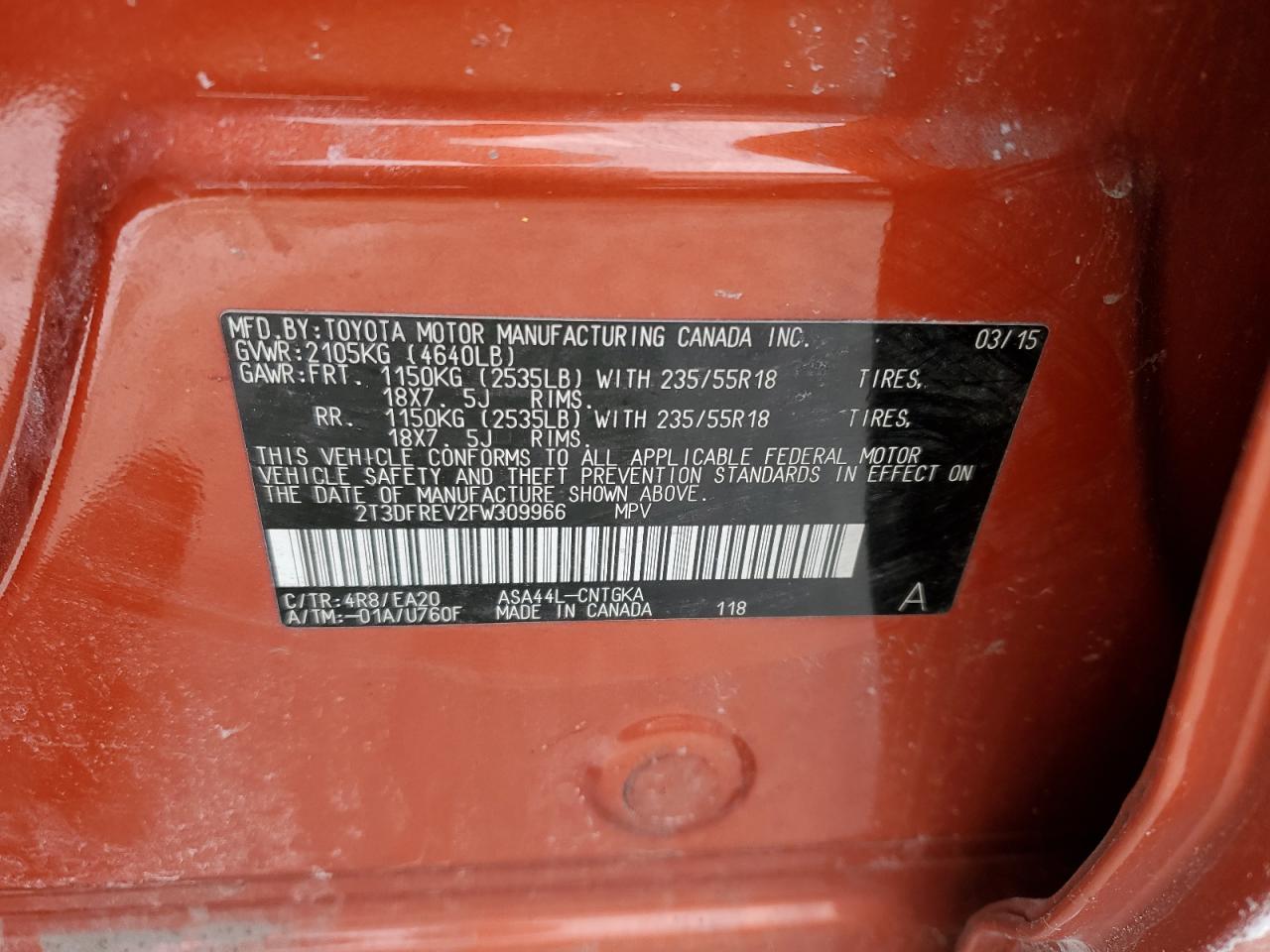 2015 Toyota RAV 4 VIN 2T3DFREV2FW309966 Copart auction photo, front end / side damage thumbnail 13