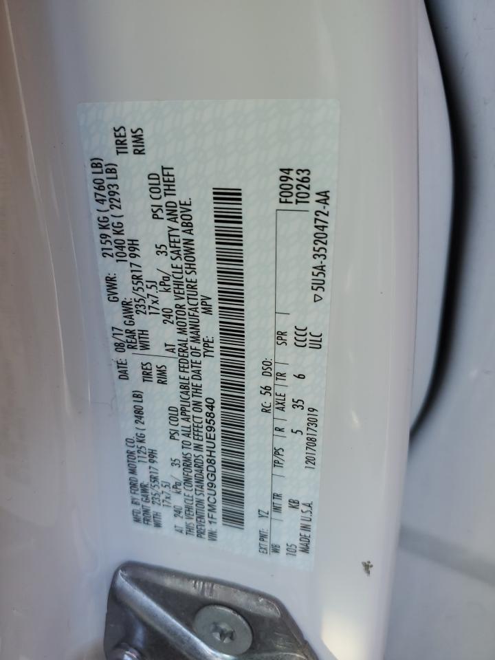 2017 Ford Escape VIN 1FMCU9GD8HUE95840 Copart auction photo, front end damage thumbnail 16