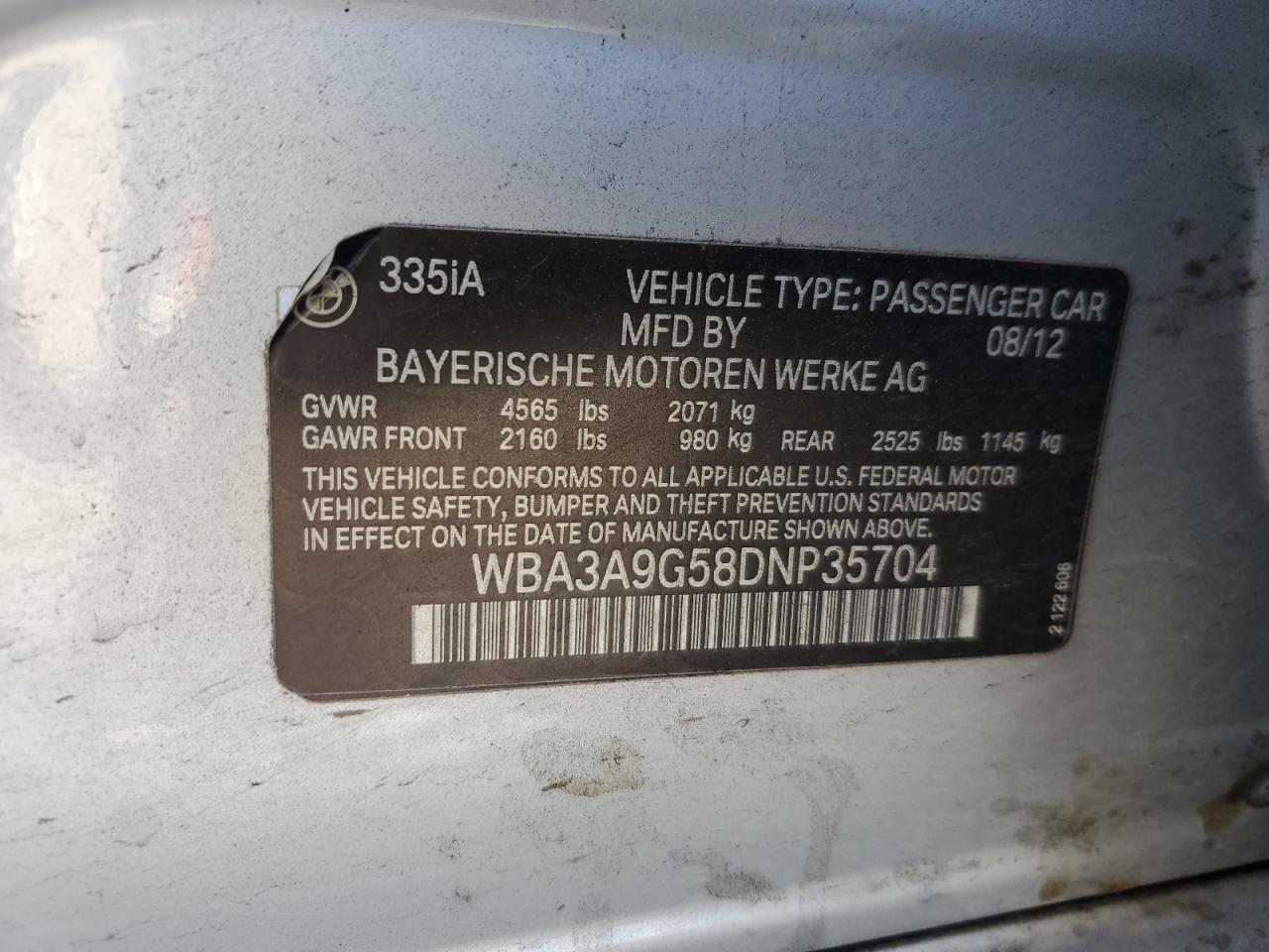 2013 BMW 3er VIN WBA3A9G58DNP35704 Copart auction photo, front end / hail damage thumbnail 12