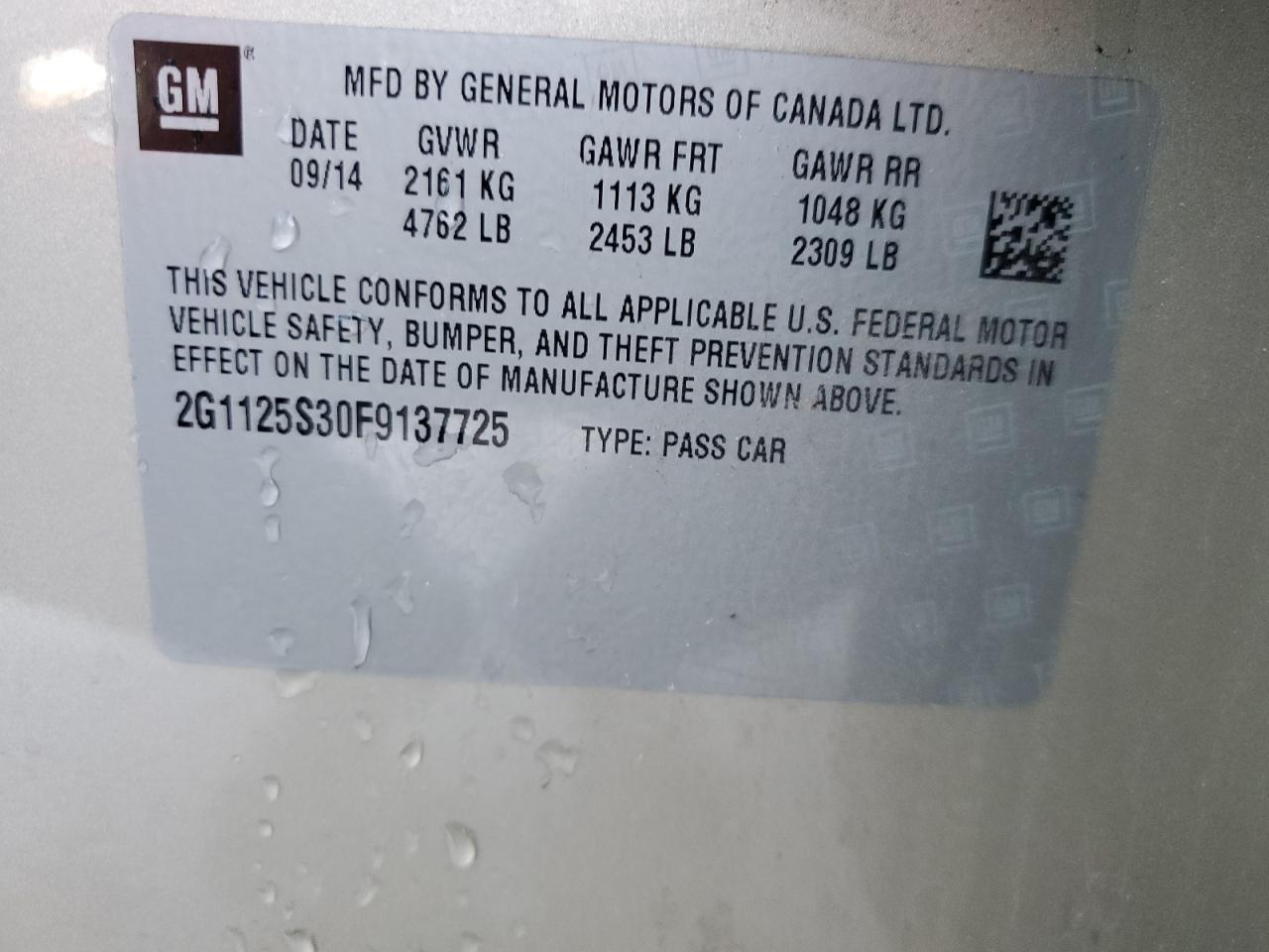 2015 Chevrolet Impala VIN 2G1125S30F9137725 Copart auction photo, front end damage thumbnail 12