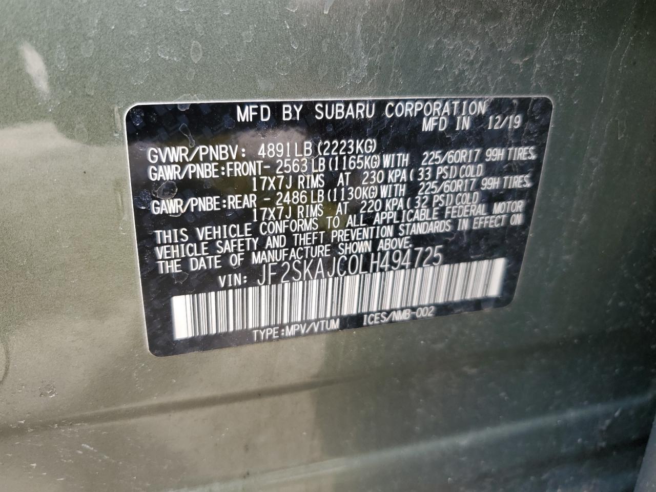 2020 Subaru Forester VIN JF2SKAJC0LH494725 Copart auction photo, burn damage thumbnail 13