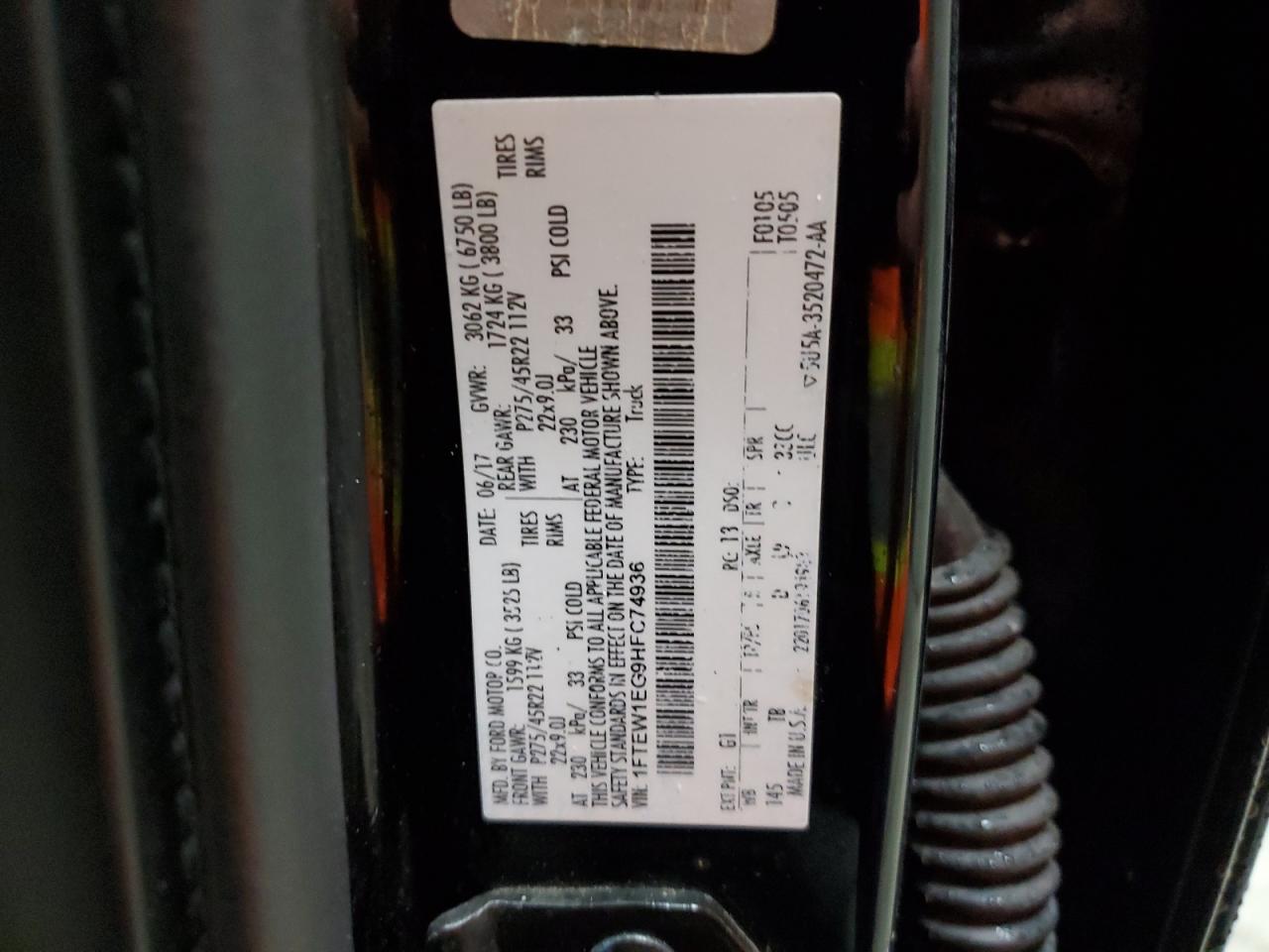 2017 Ford F-150 VIN 1FTEW1EG9HFC74936 Copart auction photo, all over damage thumbnail 14