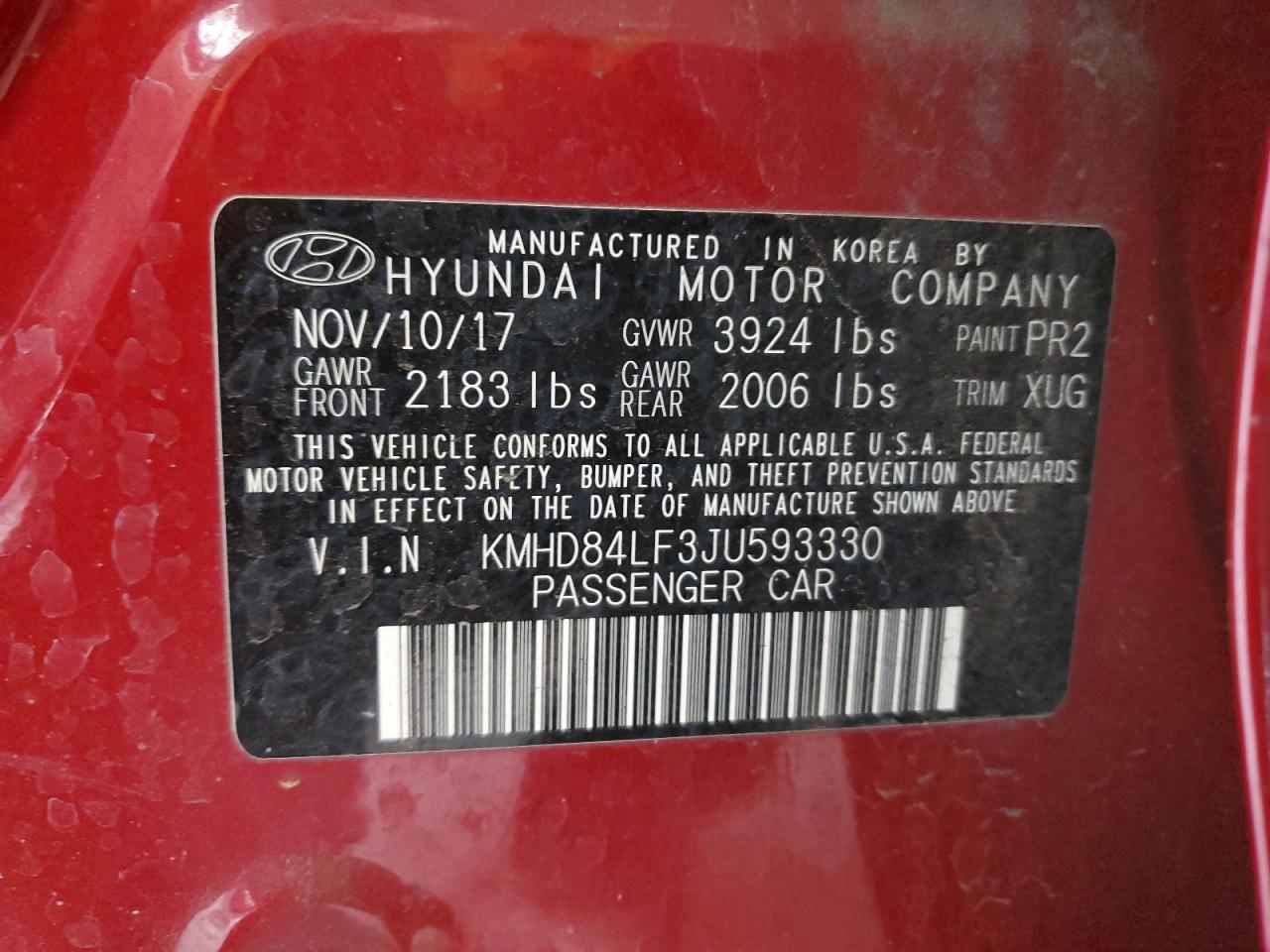 2018 Hyundai Elantra VIN KMHD84LF3JU593330 Copart auction photo, front end / rear end damage thumbnail 12
