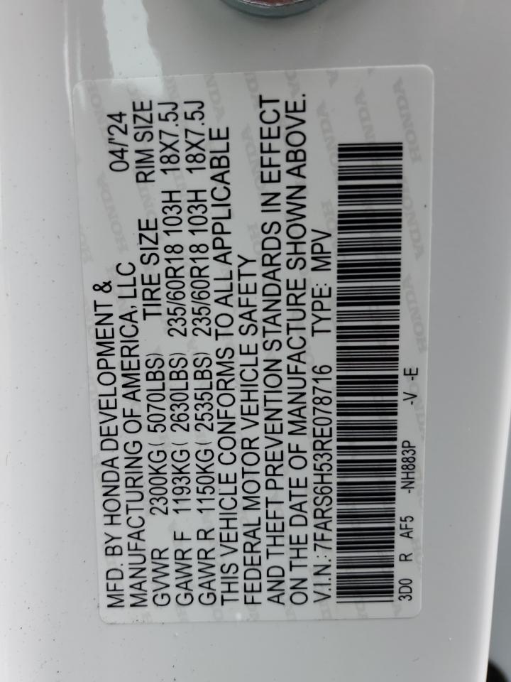 2024 Honda CR-V VIN 7FARS6H53RE078716 Copart auction photo, front end / side damage thumbnail 13