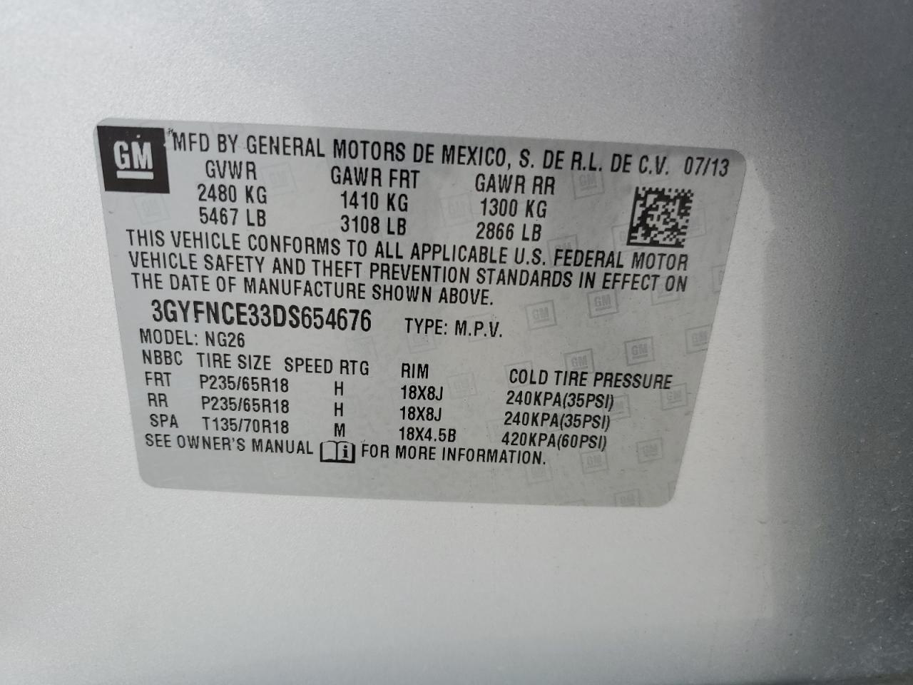 2013 Cadillac SRX VIN 3GYFNCE33DS654676 Copart auction photo, all over damage thumbnail 13