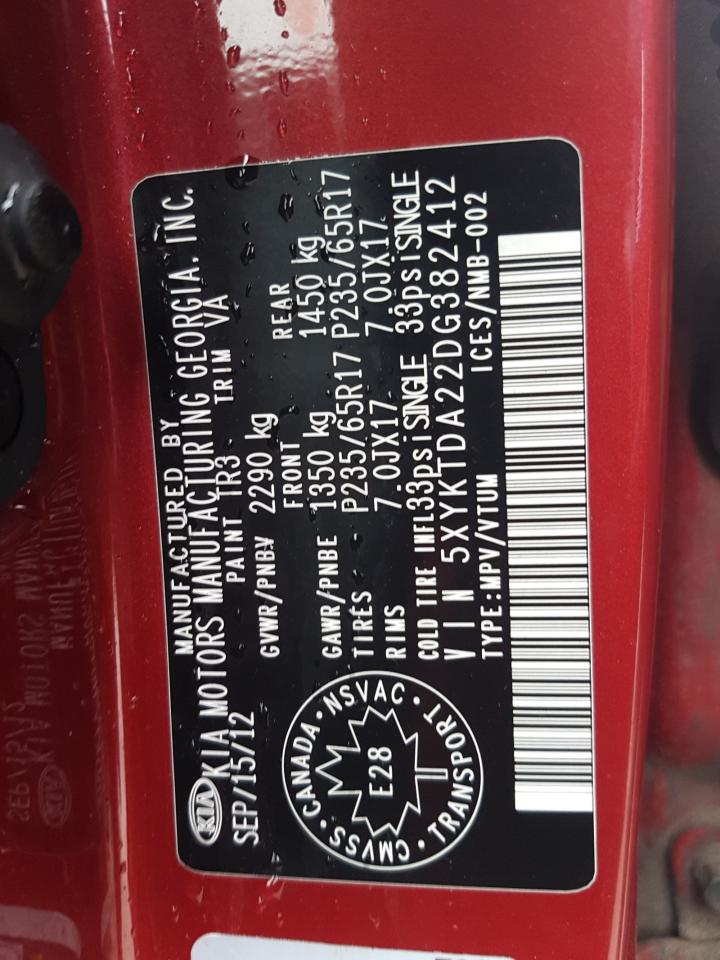 2013 KIA Sorento VIN 5XYKTDA22DG382412 Copart auction photo, front end damage thumbnail 12