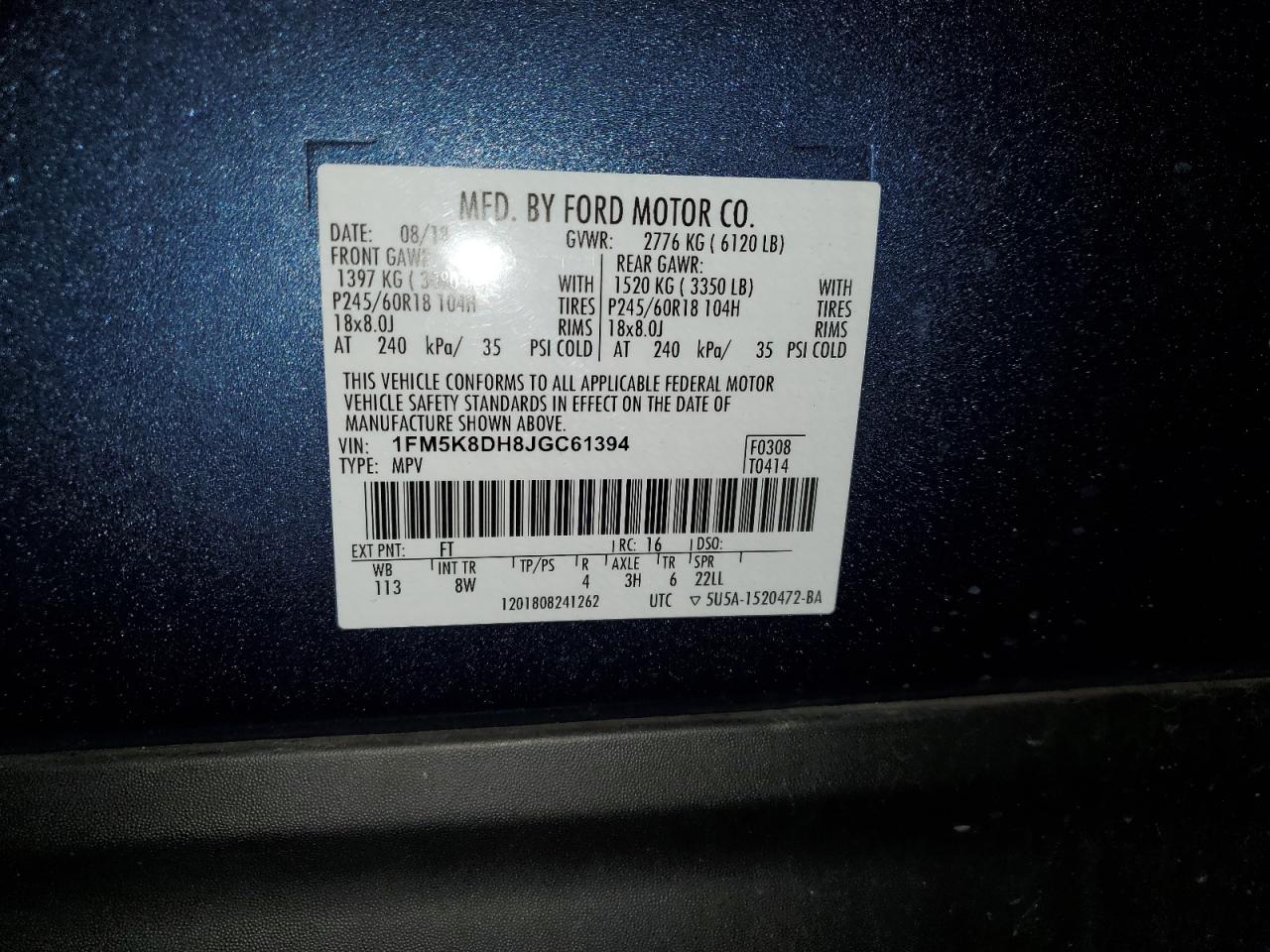 2018 Ford Explorer VIN 1FM5K8DH8JGC61394 Copart auction photo, front end damage thumbnail 13