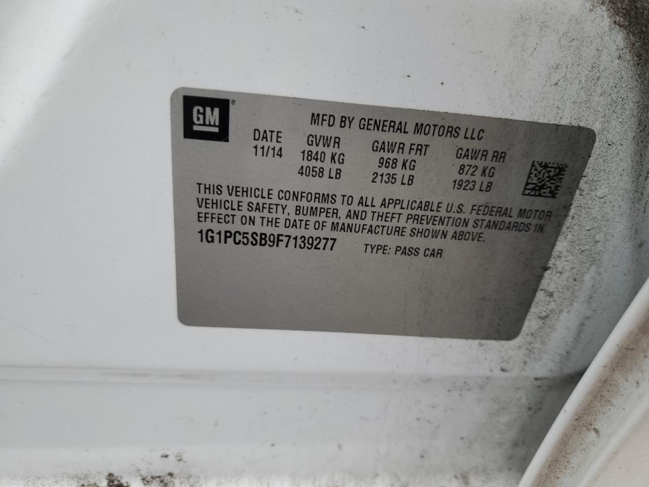 2015 Chevrolet Cruze VIN 1G1PC5SB9F7139277 Copart auction photo, front end / rear end damage thumbnail 12