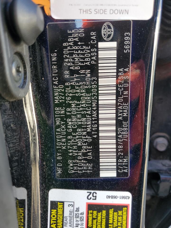 2021 Toyota Camry VIN 4T1G11AK4MU530953 Copart auction photo, rear end damage thumbnail 12