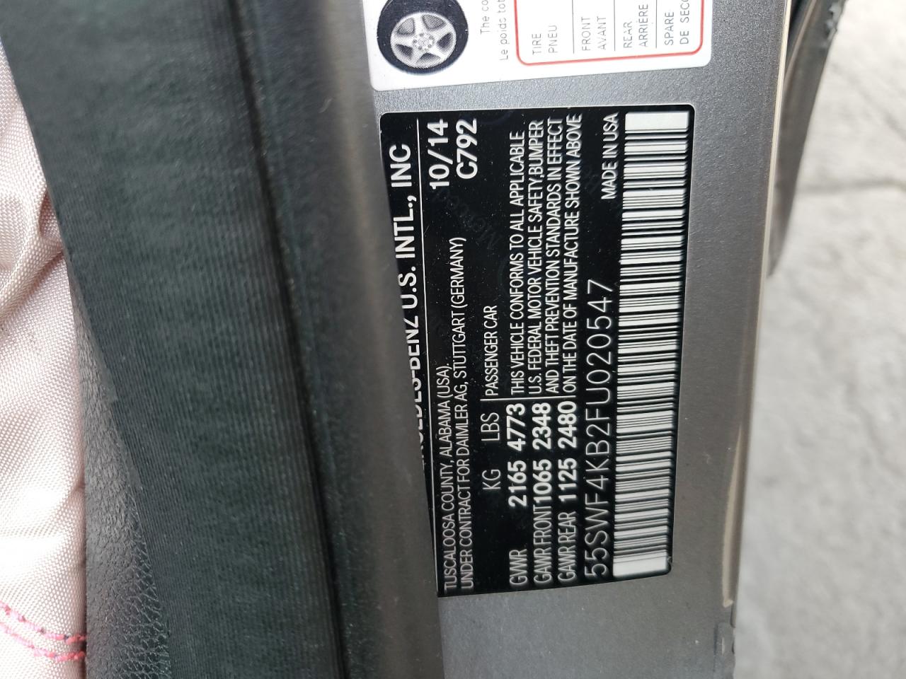 2015 Mercedes-Benz C-klasse VIN 55SWF4KB2FU020547 Copart auction photo, side damage thumbnail 12