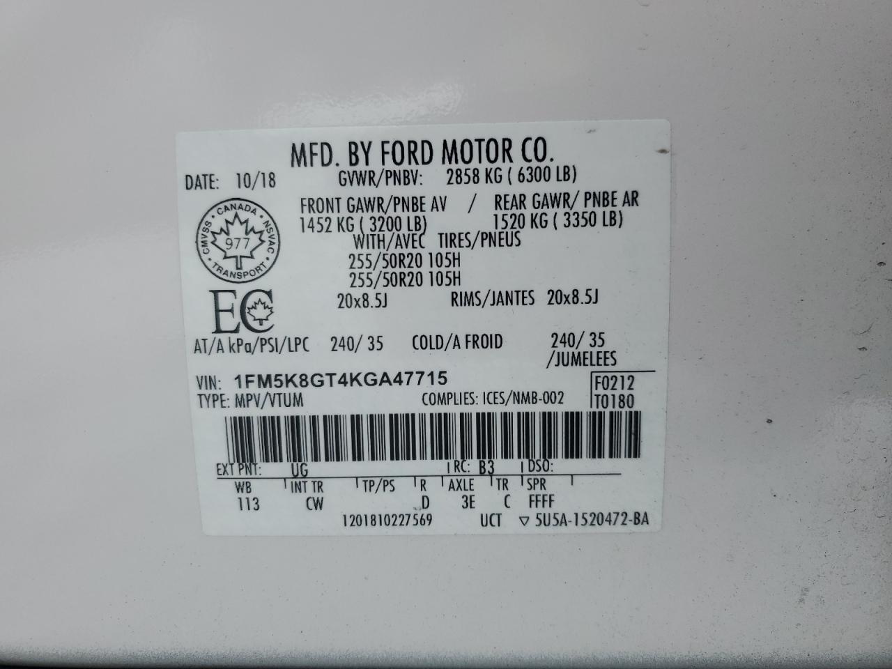 2019 Ford Explorer VIN 1FM5K8GT4KGA47715 Copart auction photo, front end damage thumbnail 12