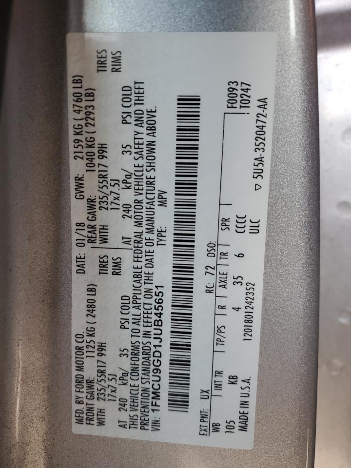 2018 Ford Escape VIN 1FMCU9GD1JUB45651 Copart auction photo, front end / side damage thumbnail 13