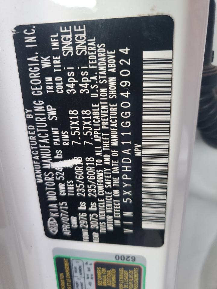 2016 KIA Sorento VIN 5XYPHDA11GG049024 Copart auction photo, front end damage thumbnail 12