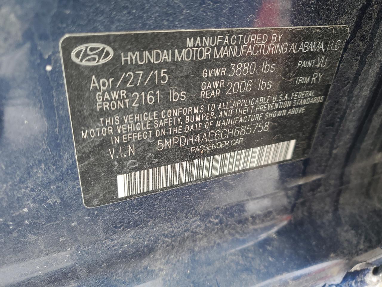 2016 Hyundai Elantra VIN 5NPDH4AE6GH685758 Copart auction photo, rear end damage thumbnail 12