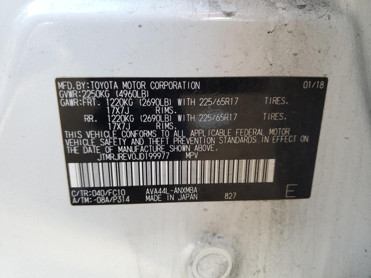2018 Toyota RAV 4 VIN JTMRJREV0JD199977 Copart auction photo, front end damage thumbnail 15