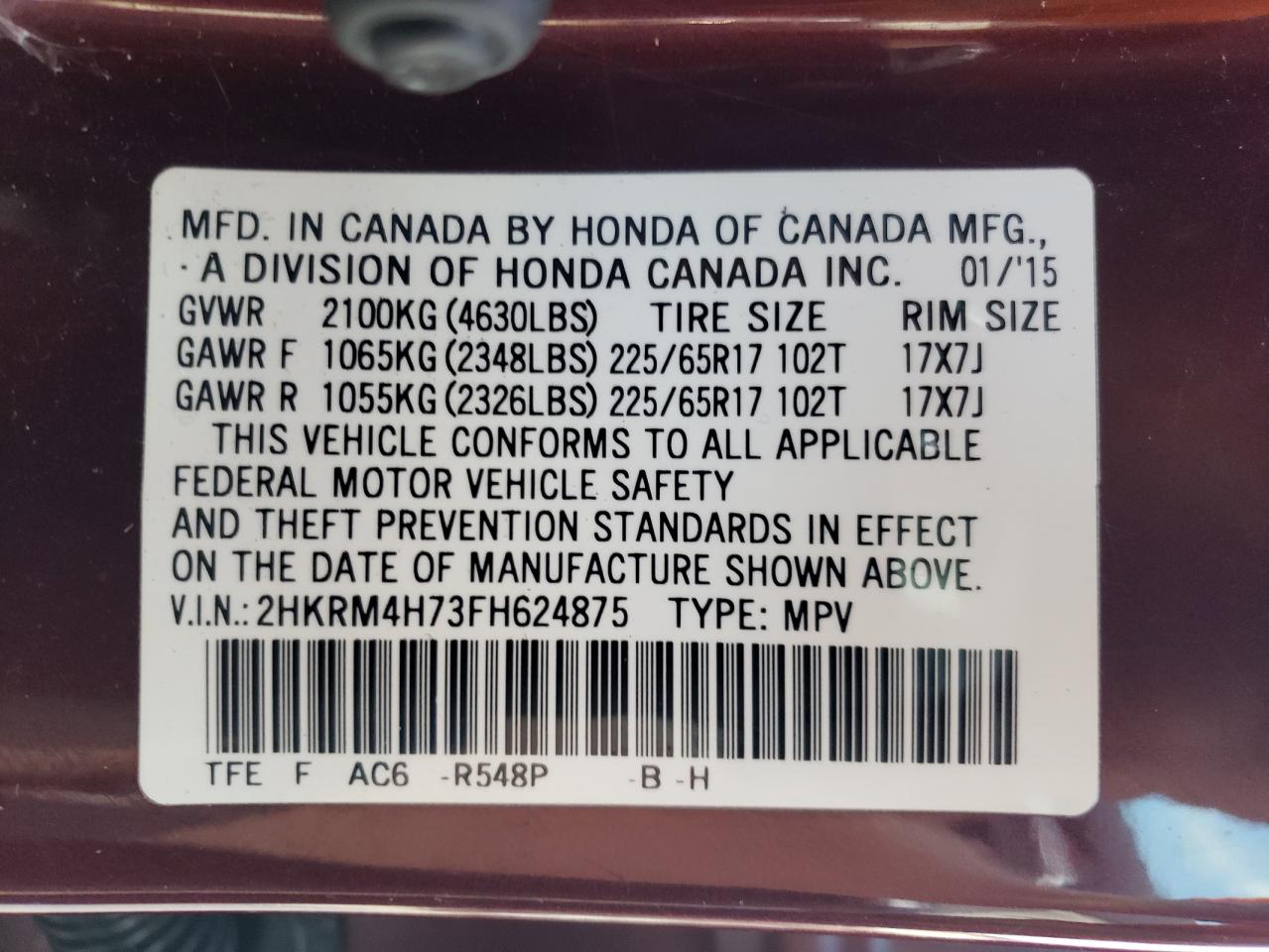 2015 Honda CR-V VIN 2HKRM4H73FH624875 Copart auction photo, front end damage thumbnail 13