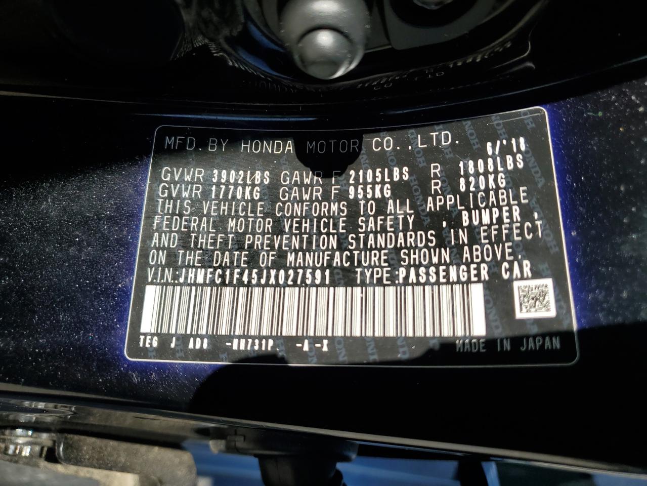2018 Honda Civic VIN JHMFC1F45JX027591 Copart auction photo, front end damage thumbnail 14