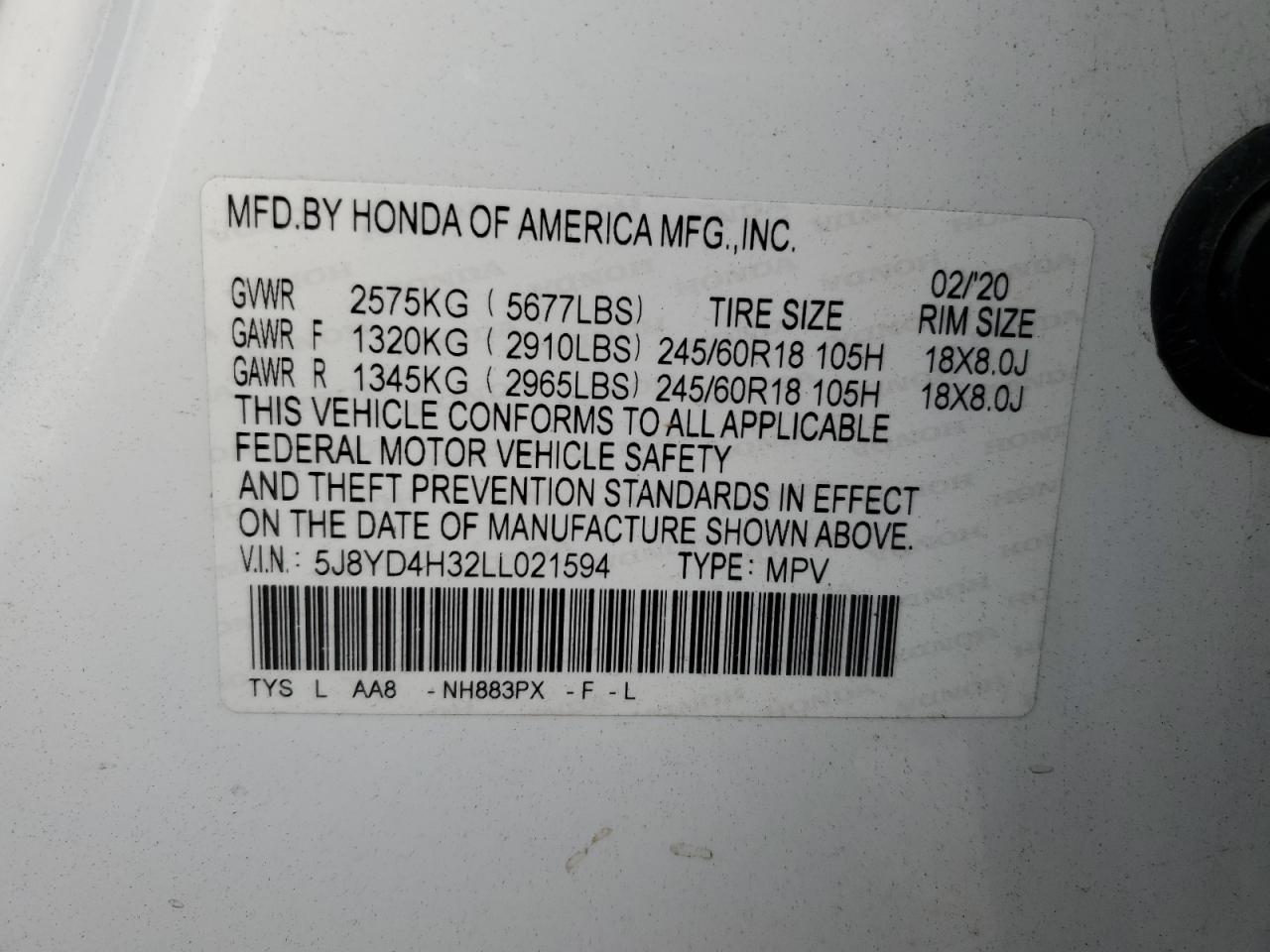 2020 Acura MDX VIN 5J8YD4H32LL021594 Copart auction photo, rear end / side damage thumbnail 13