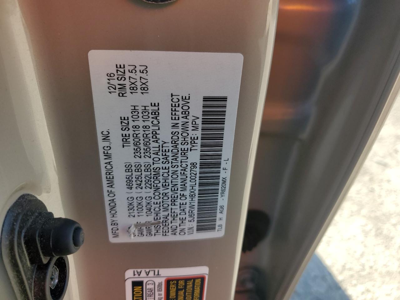 2017 Honda CR-V VIN 5J6RW1H8XHL002798 Copart auction photo, front end / undercarriage damage thumbnail 15