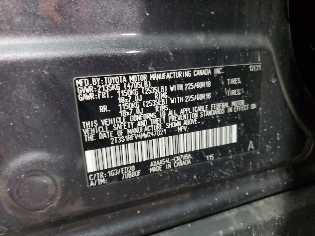 2021 Toyota RAV 4 VIN 2T3S1RFV4MW247021 Copart auction photo, all over damage thumbnail 14