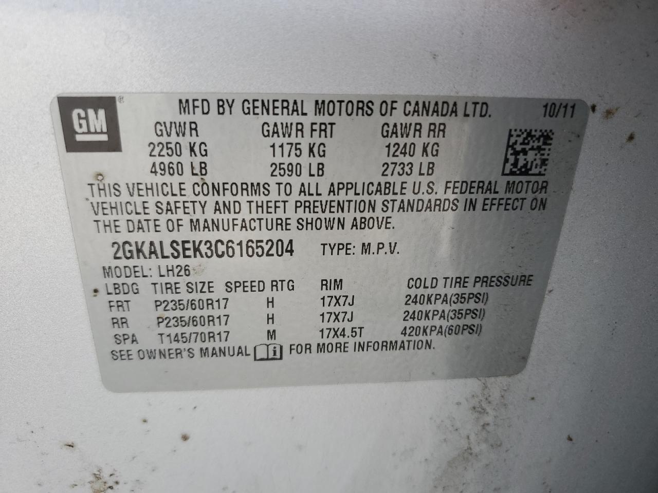 2012 GMC Terrain VIN 2GKALSEK3C6165204 Copart auction photo, front end / minor dent/scratches damage thumbnail 14