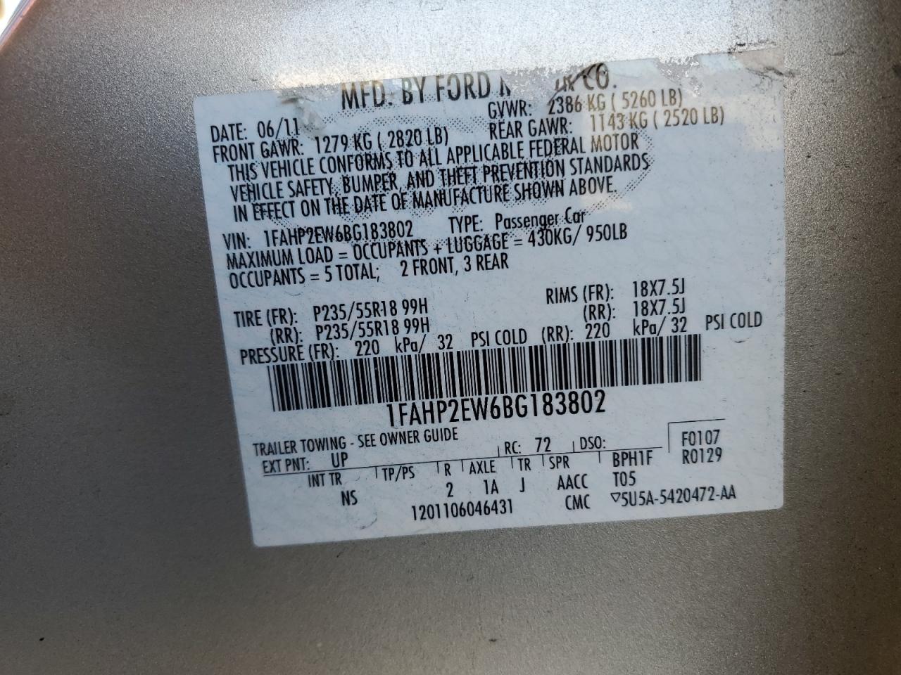 2011 Ford Taurus VIN 1FAHP2EW6BG183802 Copart auction photo, top/roof / front end damage thumbnail 15
