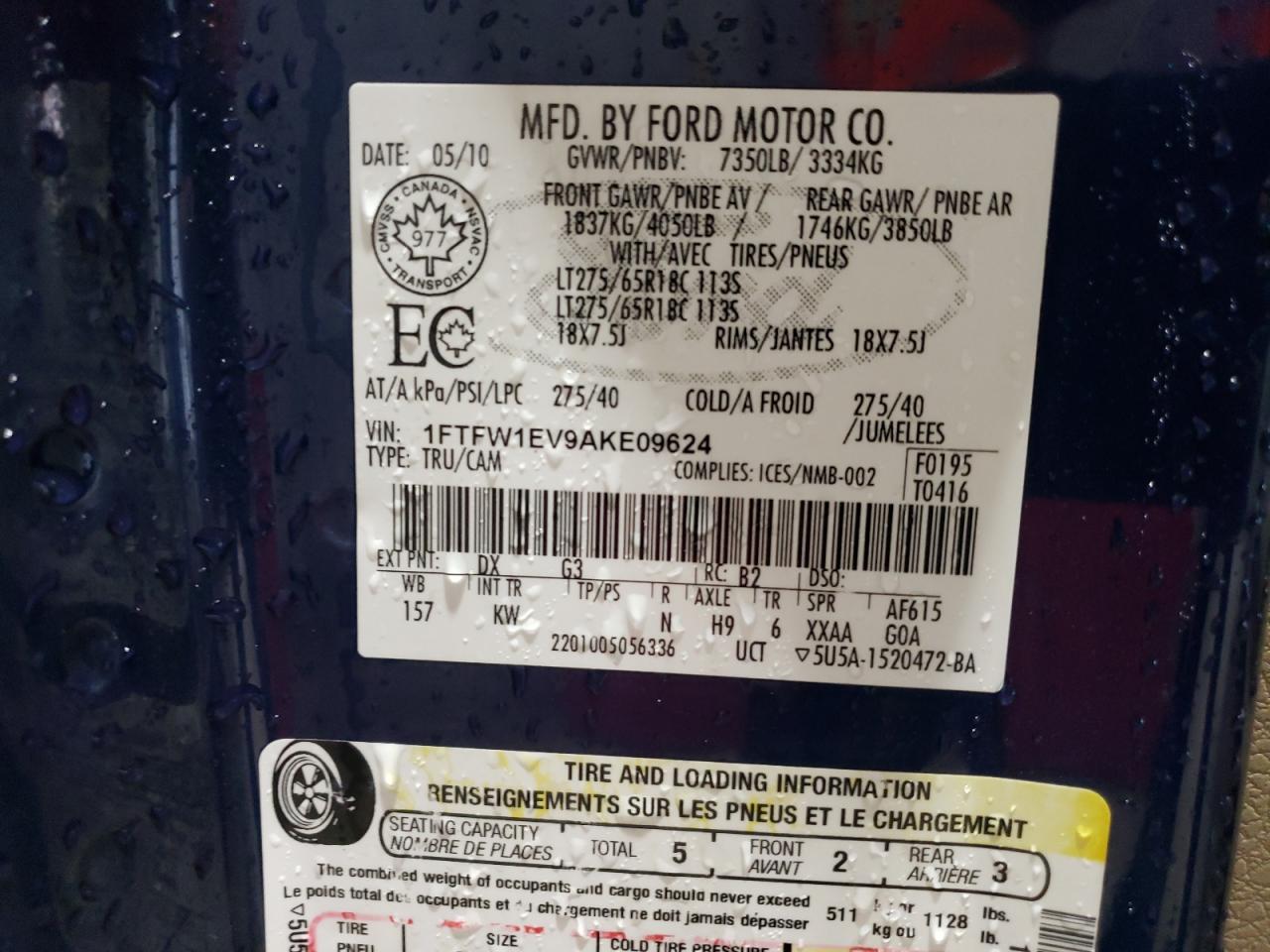 2010 Ford F-150 VIN 1FTFW1EV9AKE09624 Copart auction photo, side damage thumbnail 12
