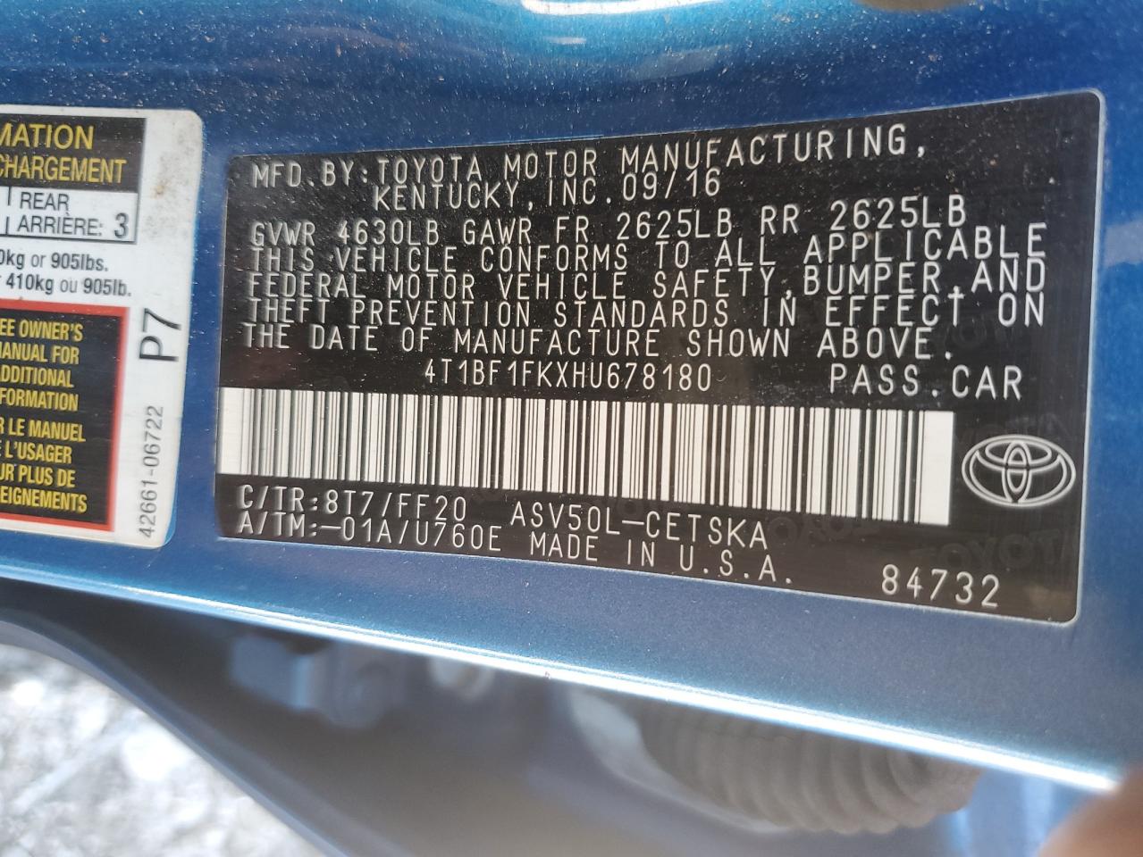 2017 Toyota Camry VIN 4T1BF1FKXHU678180 Copart auction photo, front end / minor dent/scratches damage thumbnail 14