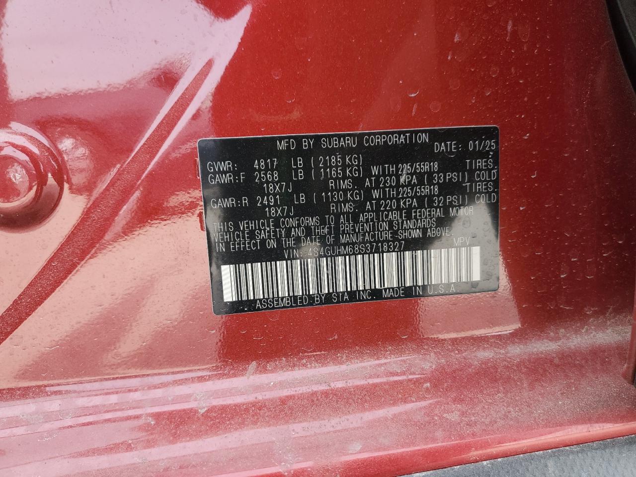 2025 Subaru XV VIN 4S4GUHM68S3718327 Copart auction photo, rear end damage thumbnail 13