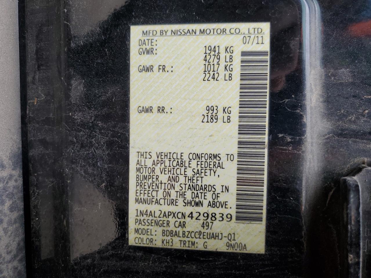 2012 Nissan Altima VIN 1N4AL2APXCN429839 Copart auction photo, rear end damage thumbnail 14