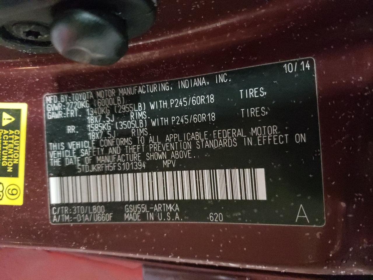 2015 Toyota Highlander VIN 5TDJKRFH5FS101394 Copart auction photo, side / front end damage thumbnail 13