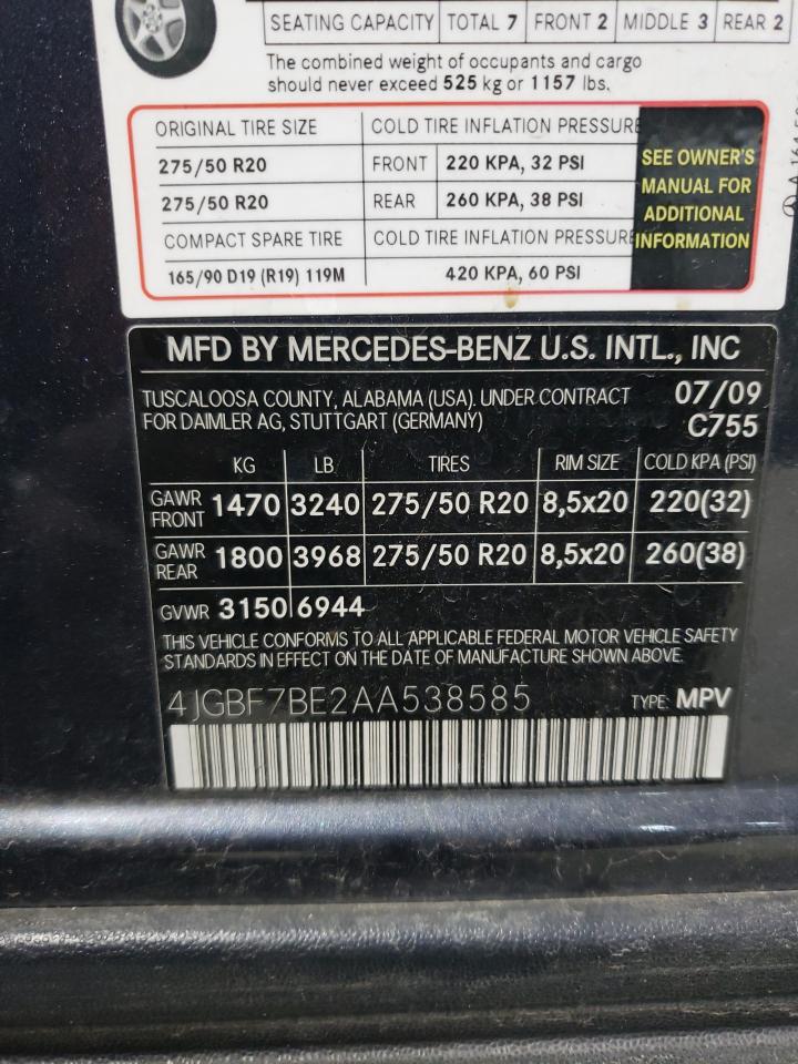 2010 Mercedes-Benz GL-klasse VIN 4JGBF7BE2AA538585 Copart auction photo, front end / minor dent/scratches damage thumbnail 13