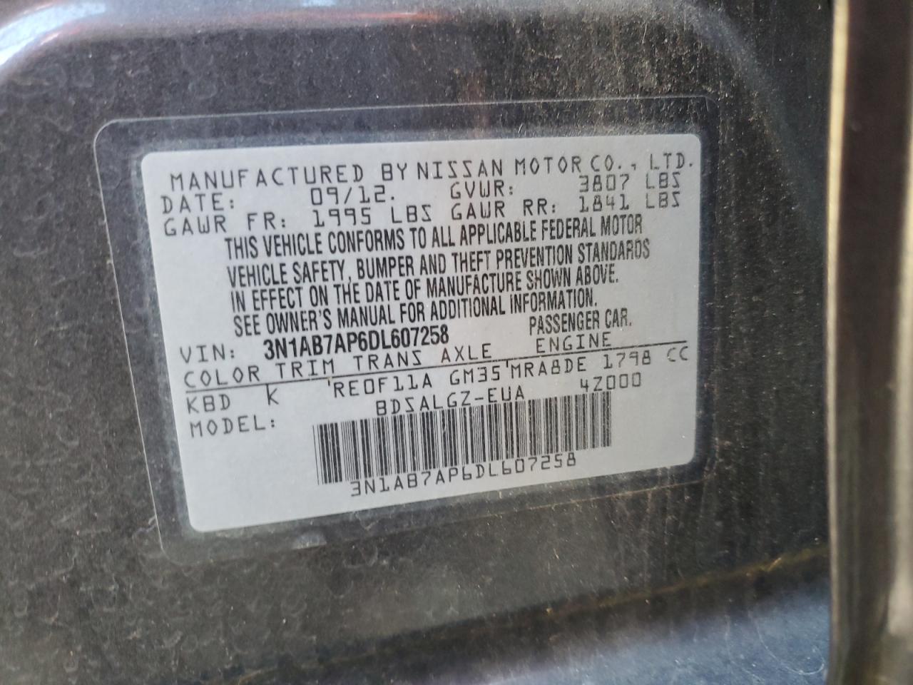 2013 Nissan Sentra VIN 3N1AB7AP6DL607258 Copart auction photo, front end damage thumbnail 14