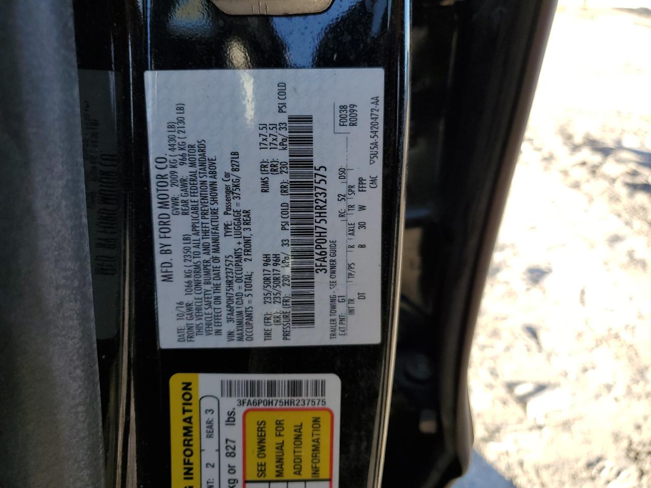 2017 Ford Fusion VIN 3FA6P0H75HR237575 Copart auction photo, all over / minor dent/scratches damage thumbnail 14