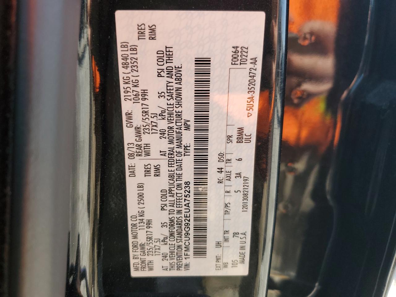 2014 Ford Escape VIN 1FMCU9G92EUA75238 Copart auction photo, rear end / minor dent/scratches damage thumbnail 14