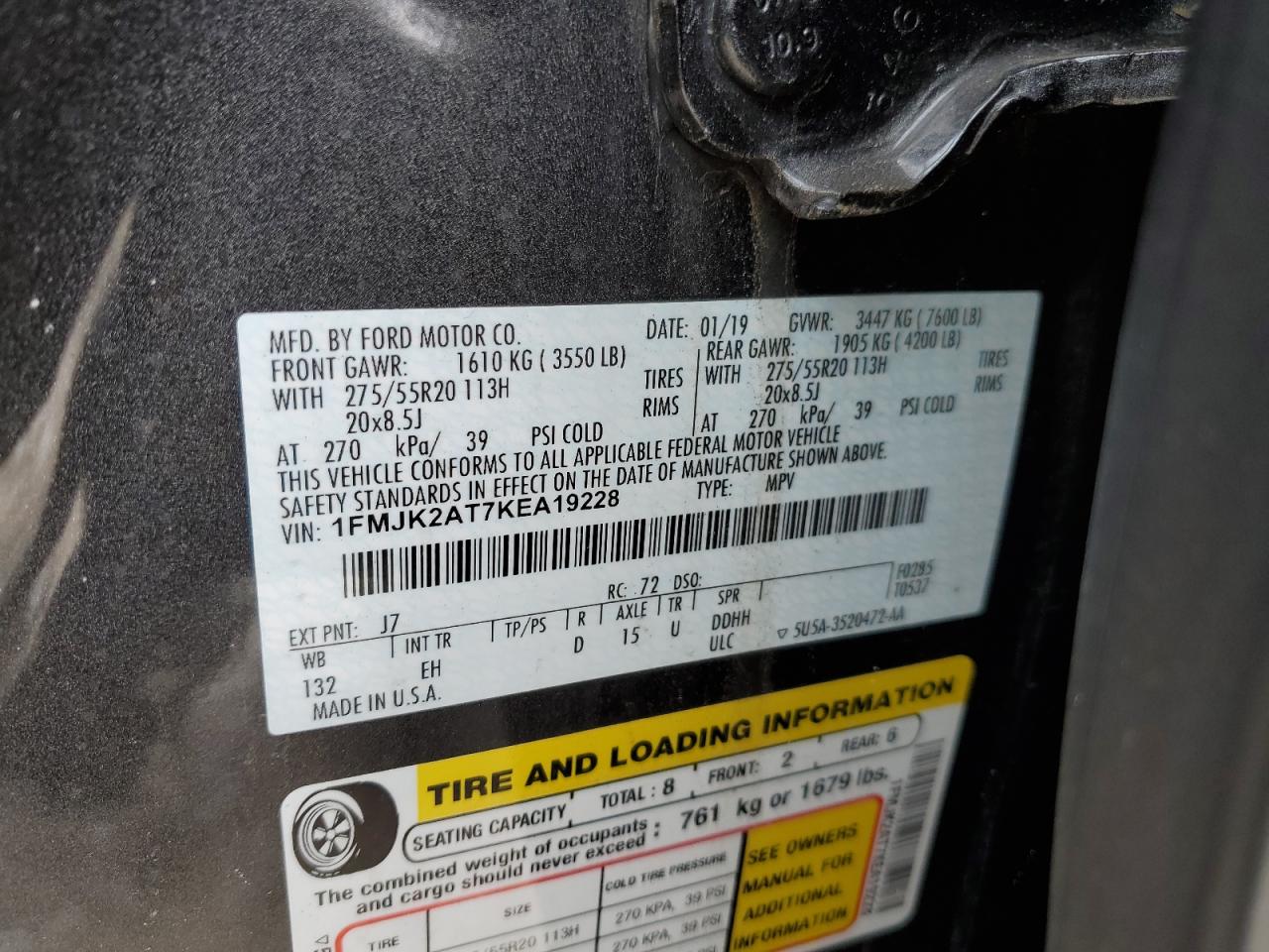 2019 Ford Expedition VIN 1FMJK2AT7KEA19228 Copart auction photo, front end damage thumbnail 15