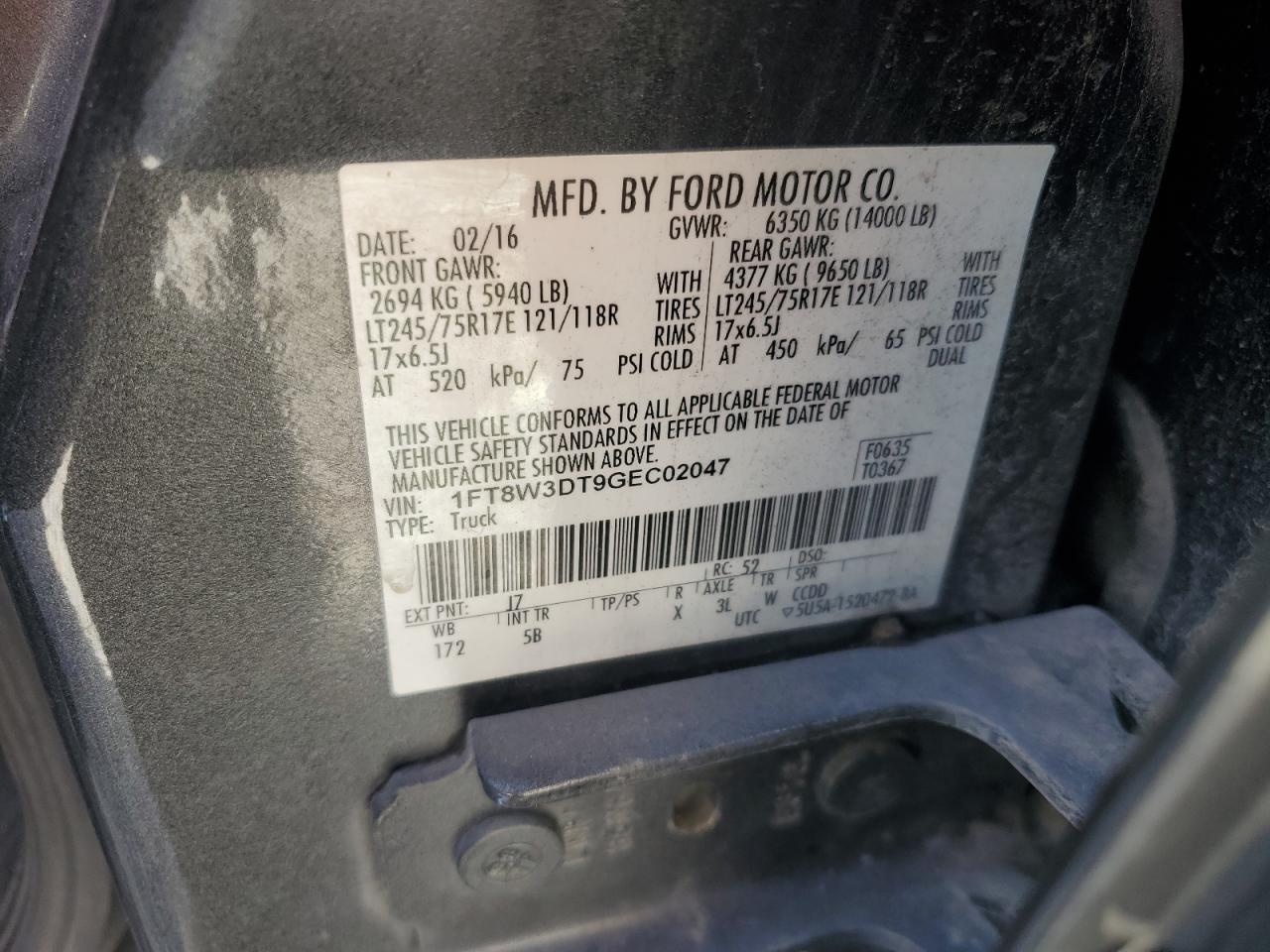 2016 Ford F350 VIN 1FT8W3DT9GEC02047 Copart auction photo, rear end damage thumbnail 12