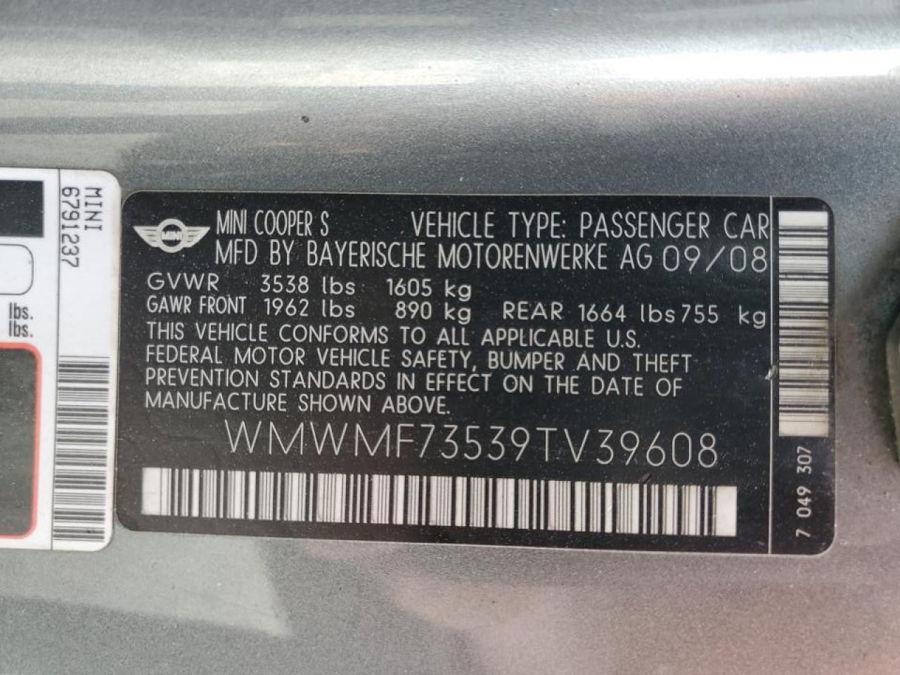 2009 MINI Cooper VIN WMWMF73539TV39608 Copart auction photo, mechanical damage thumbnail 12