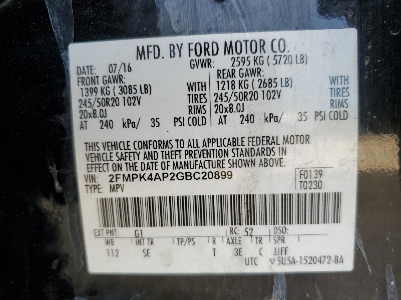 2016 Ford Edge VIN 2FMPK4AP2GBC20899 Copart auction photo, side / minor dent/scratches damage thumbnail 13