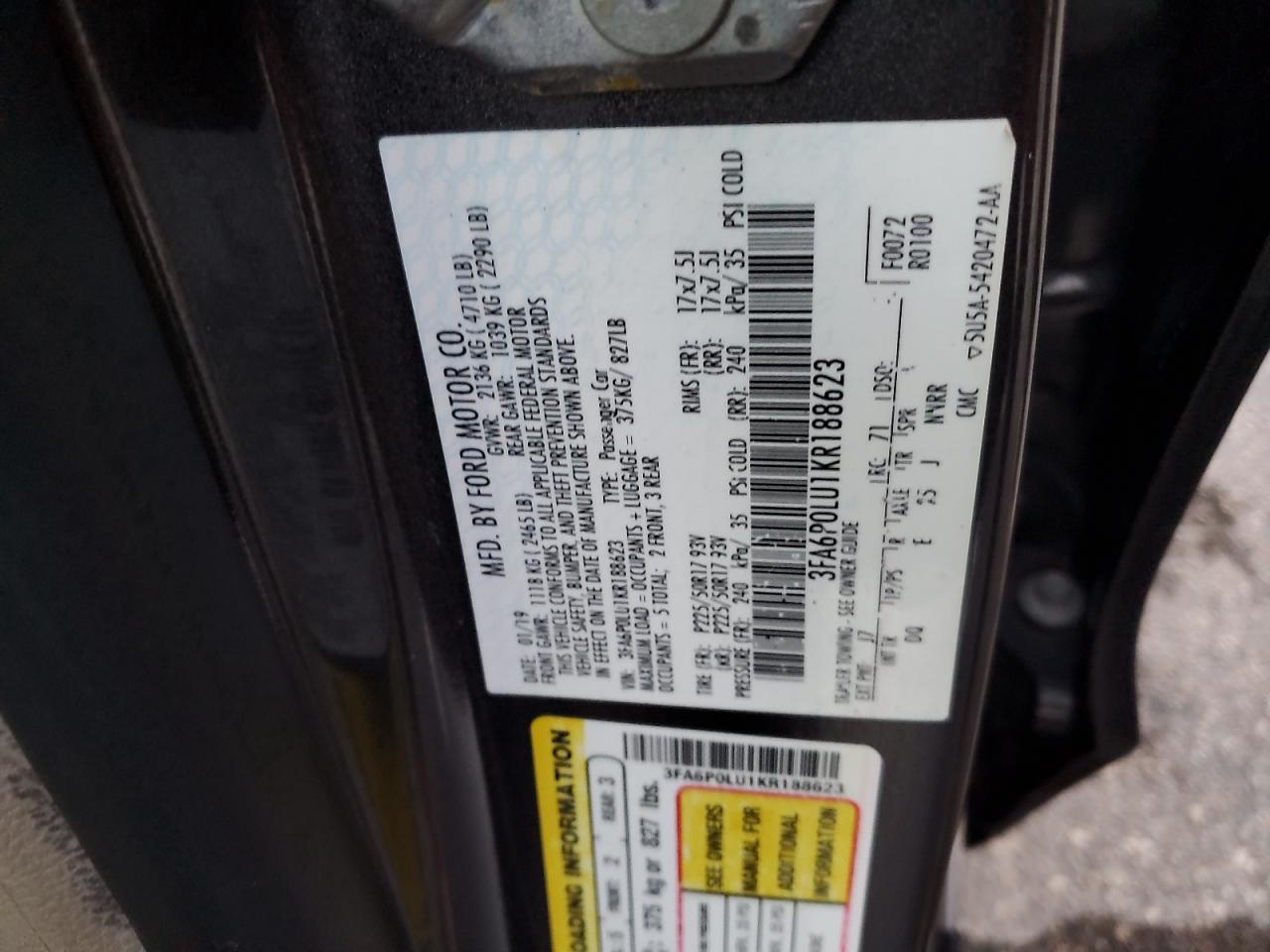 2019 Ford Fusion VIN 3FA6P0LU1KR188623 Copart auction photo, normal wear damage thumbnail 13