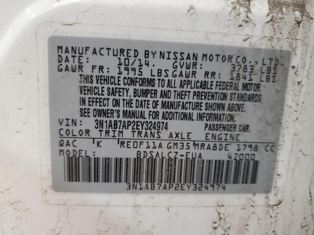 2014 Nissan Sentra VIN 3N1AB7AP2EY324974 Copart auction photo, front end / side damage thumbnail 12